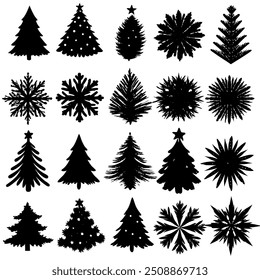 Silhouettes of Christmas trees and snowflakes on white background