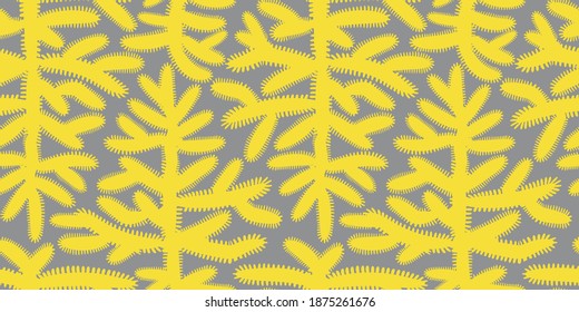 Silhouettes of Christmas trees stylized vector seamless pattern with trendy colors 2021 Illuminating yellow on Ultimate gray. For New Year design wrapping paper, banner, wallpaper, fabrics, textile. 