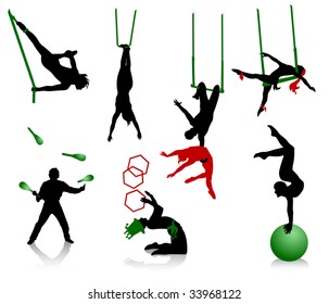 Silhouettes of circus performers. Acrobats and jugglers.