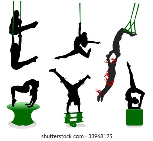 Silhouettes of circus performers. Acrobats and jugglers.