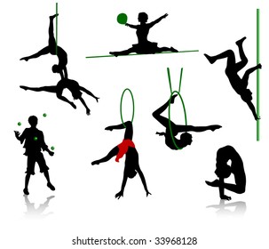 Silhouettes of circus performers. Acrobats and jugglers.