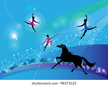 Silhouettes of circus trapeze artists and a horse on an abstract background