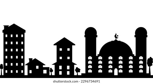 Silhouettes of cities and mosques in black on a white background