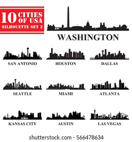 Silhouettes Cities of USA Set 2. Vector illustration