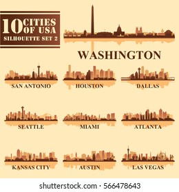 Silhouettes Cities of USA Set 2. Vector illustration