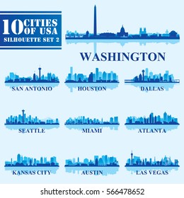 Silhouettes Cities of USA Set 2 on blue background. Vector illustration