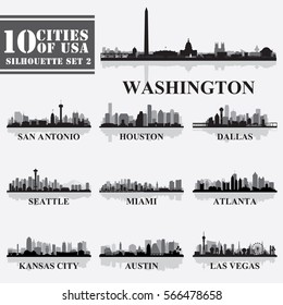 Silhouettes Cities of USA Set 2. Vector illustration in grayscale