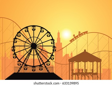 Silhouettes of a city and amusement park with the Ferris wheel and the roller coaster attractions, vector illustration.