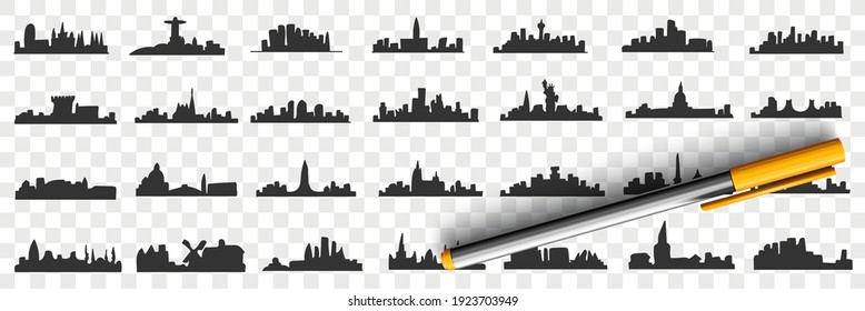 Silhouettes of city doodle set