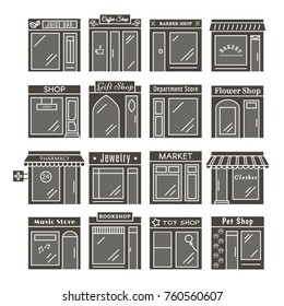 Silhouettes of City Shops and Stores Buildings Icons. Line style vector illustration.