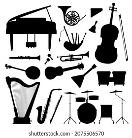 Silhouettes of classical music orchestra, jazz and folk instruments. Piano, guitar, horn, cello and saxophone. Musical black icon vector set. Isolated equipment for acoustic concert or music school