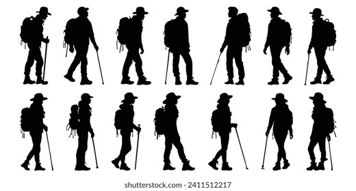 Silhouettes of climbers. Hiker Silhouettes isolated on a white background. Hiker silhouette set. People with backpack.