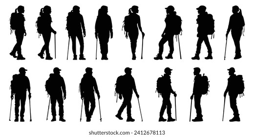 Silhouettes de escaladores. Las Silhouettes de excursión están aisladas en un fondo blanco. Juego de siluetas de senderismo. Personas con mochilas.