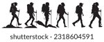 Silhouettes of climbers. Isolated female hiker on white background.hiker silhouette set. female with bag on shoulder.