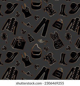 Silhouettes of clothes and shoes.Vector seamless pattern with clothes and shoes in black with a gold outline.