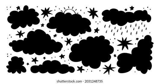 Silhouettes of clouds. Set of doodle stars, rain, and raindrops. Thunderclouds, cloudy weather. Vector illustration of hand-drawn sky silhouettes on white background.