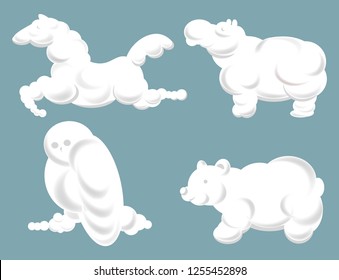 Silhouettes of clouds in shape of animals in motion vector form of running horse equine print hippopotamus hippo with rhinoceros and owl bird sitting on branch formation of air at sky of summer day.