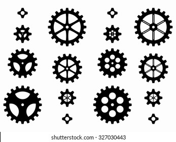 silhouettes cog wheels and pinions, set of gears with the same module 