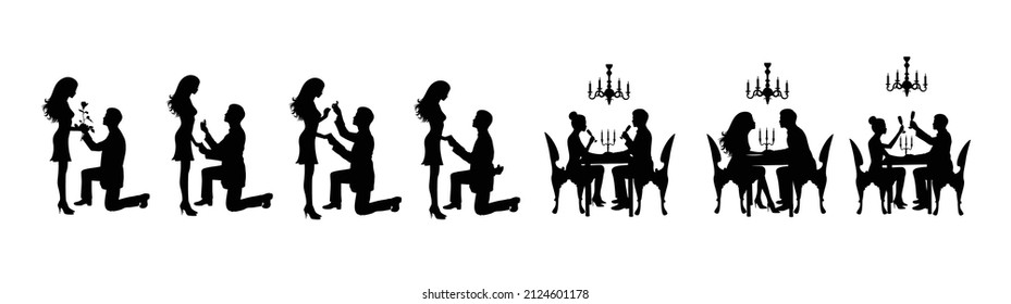 Silhouettes collection of couples. Black silhouette of a couple. Man and woman sitting in a restaurant and having a dinner.  Boy is proposing to a girl. Vector illustration. Marriage proposal. 