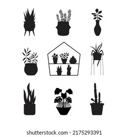 Silhouettes collection of decor house indoor garden plants.Black and white house plants in flower pot outline doodle .Vector illustrations.