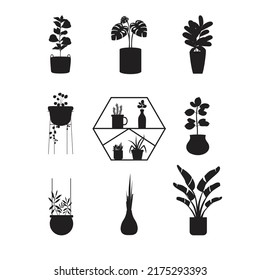 Silhouettes collection of decor house indoor garden plants.Black and white house plants in flower pot outline doodle .Vector illustrations.