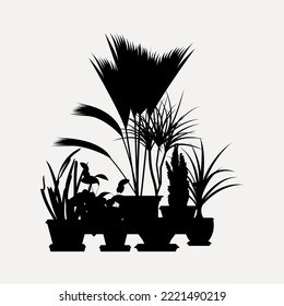 Silhouettes collection of decor house indoor garden plants in pots and stands graphic set