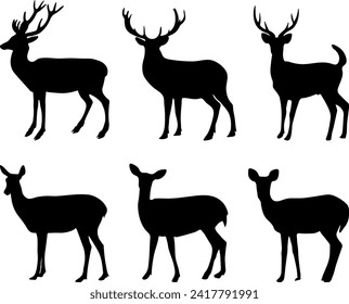 Silhouettes collection of deers and wild animals.