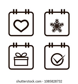 Silhouettes collection icons.Vector calendar set. Diary set. Doodle vector icons. Calendar on wall. Different icons: heart, gift, snowflake, tick, mark.