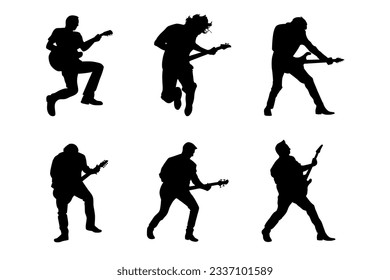 Colección de siluetas de guitarristas músicos de rock masculino tocando guitarra eléctrica. Diseño de ilustración vectorial.	