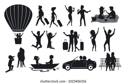 silhouettes collection of men and woman, couples traveling with suitcases, on hot air balloon ride, sing, dance, in the park on a bench, at picnic, on a roadtrip with car, rowing boat, take selfie 