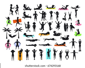 Silhouettes collection of people enjoying summer time beach holidays vacations. man, woman, couple sunbath, swim, floating, lying on inflatable rings and mattress, hammock, drinking cocktails