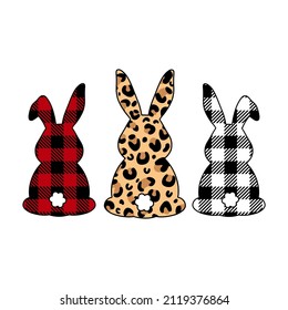 Silhouettes collection of Rabbits buffalo plaid, leopard print. Easter Bunny. Easter design elements. Vector illustration.