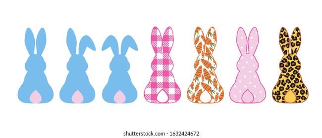 Silhouettes collection of Rabbits . Bunny ears, Leopard, buffalo plaid, polka dots, carrot pattern.
Vector clipart. Easter design elements.