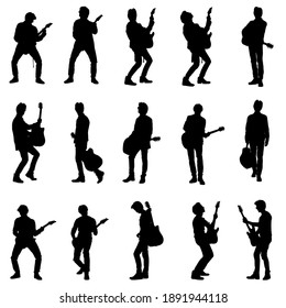 Silhouettes collection of rock musician male guitarist playing electric and acoustic guitar. Editable vector illustration. 