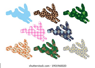 
  Colección de siluetas de conejos en marcha. Leopardo, manta de búfalo, trébol, argyle, puntos de polka, flores de margarita, patrón de zanahoria. Vector clipart. Elementos de diseño aislados.
