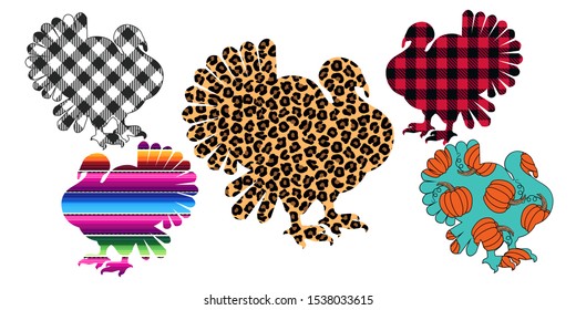 Silhouettes collection of turkeys. Leopard, buffalo plaid, stripes serape and pumpkin pattern. Happy Thanksgiving . Harvest season. Vector illustration. Clip Art.
