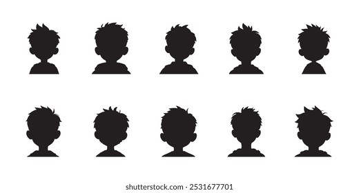 Silhouettes collection of young boys with different hairstyles