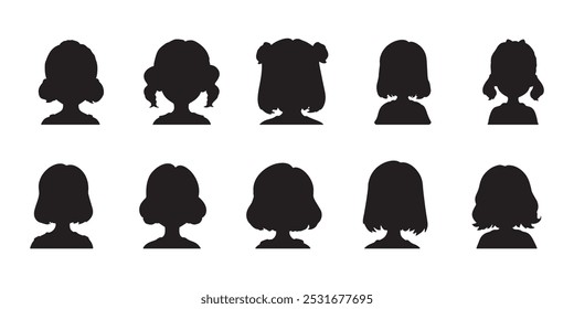 Silhouettes collection of young girls with different hairstyles