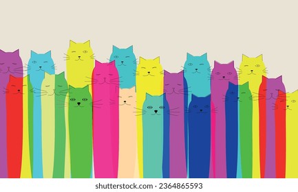 silhouettes of color cats on white background riso print with cats risograph effect minimalist art print