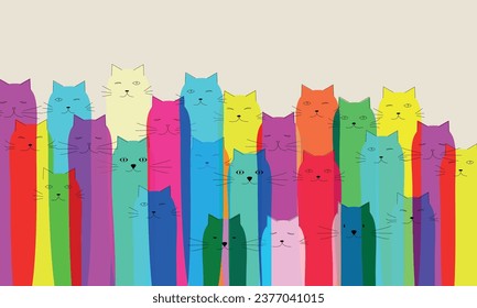 Siluetas de gatos de color Riso Print con gatos. Efecto de Risografía Impresión de arte minimalista. Ilustración del vector
