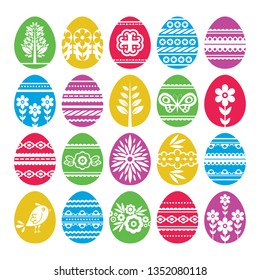 Silhouettes of color Easter eggs isolated on white background. Holiday Easter Eggs decorated with flowers and leafs. Print design, label, sticker, scrap booking, stamp, vector illustration