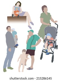 Silhouettes in color family, parents, mother, father and son, family