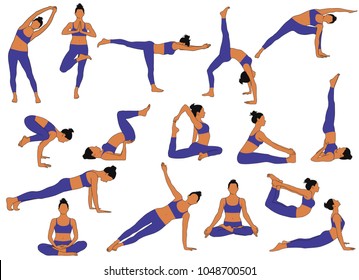 Silhouettes of colored slim girl practicing yoga stretching exercises. Shapes of woman in costume doing yoga fitness workout. Set of yoga positions.  