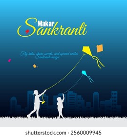 Silhouettes of colorful kites fly in the sky with the words Makar Sankranti in festive font Children fly kites in a city setting against a blue sky and cityscape capturing the joy and excitement