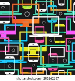 Silhouettes of computers, tablets, phones, laptops form a seamless background. Technology background. Concept network.