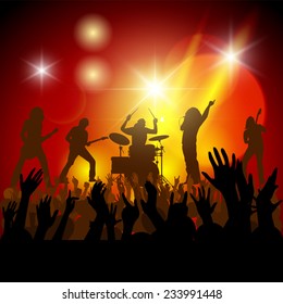 Silhouettes of concert crowd in front of bright stage lights. Vector illustration