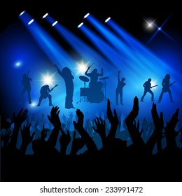 Silhouettes of concert crowd in front of bright stage lights. Vector illustration