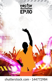 Silhouettes of concert person in front of bright stage lights