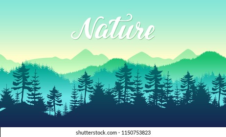 silhouettes coniferous Forest and Mountains Landscape Travel scenery background. Nature environment morning sunrise design 