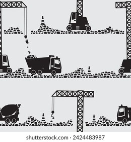 Silhouettes of construction cars concrete mixer, crane and dump truck seamless pattern. Monochrome vector illustration.